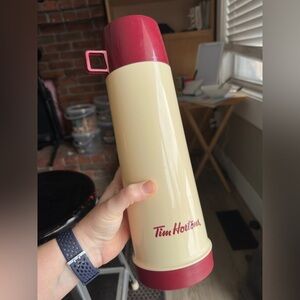 Tim Hortons Thermos Vintage Glass Inner Liner Cream Red Logo 13.5 " Tall